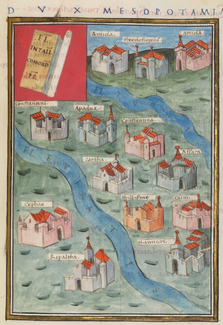 Illustrated manuscript page for Dux Mesopotamiae, showing the Tigris and Euphrates and named places