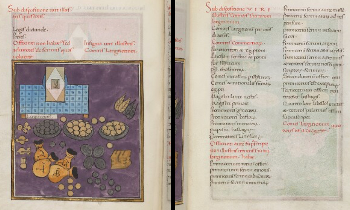 Manuscript page showing the end of Chapter XII and the illustrated beginning of Chapter XIII, Insignia largitionum